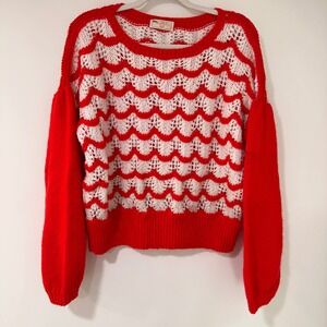 Handmade Jeanie Knit Scalloped Sweater Womens L Red White Pointelle | Grannycore